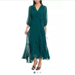 Maison Tara 
Women's V-Neck Ruffle Wrap Maxi Dress in Hunter green
Size 14